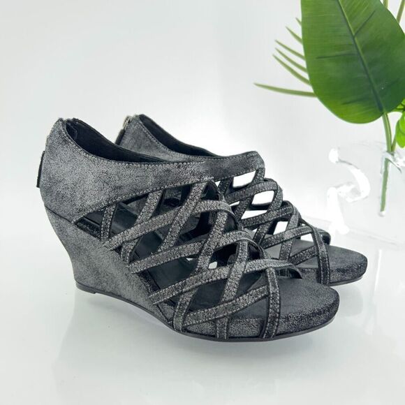 Eileen Fisher Womens Oodle Sandal 6 Open Toe Bootie Black Leather Wedge Caged - Picture 1 of 16